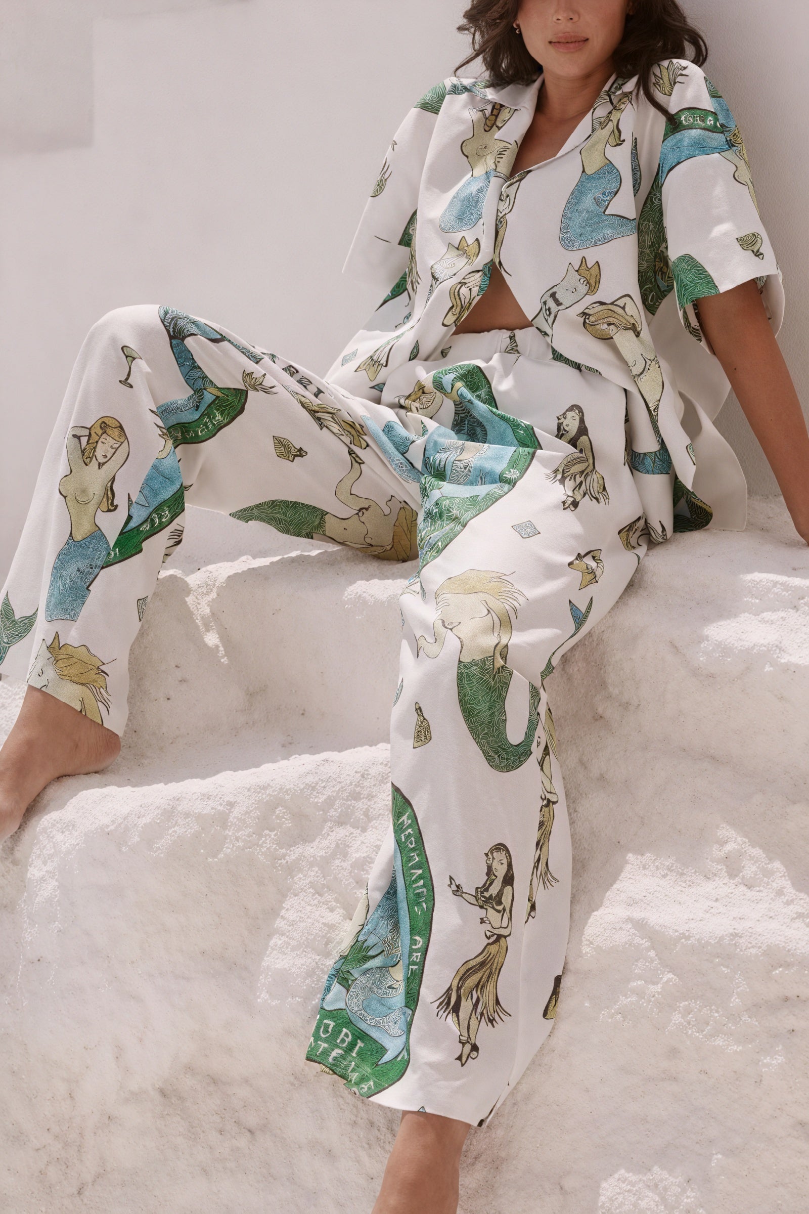 Mujer Pijama Estampado Sirena Conjunto Camisa Abotonada y Pantalón Largo Loungewear-79730-319d0b7d-d683-4f5c-9e07-db9048508601
