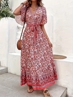 Maxi Vestido Floral Escote V Cintura Ajustable Diseño Fluido Mangas Cortas Estilo Bohemio Verano-82359-7a21cccf-a0fe-41b2-84ea-e3f917efa1fd
