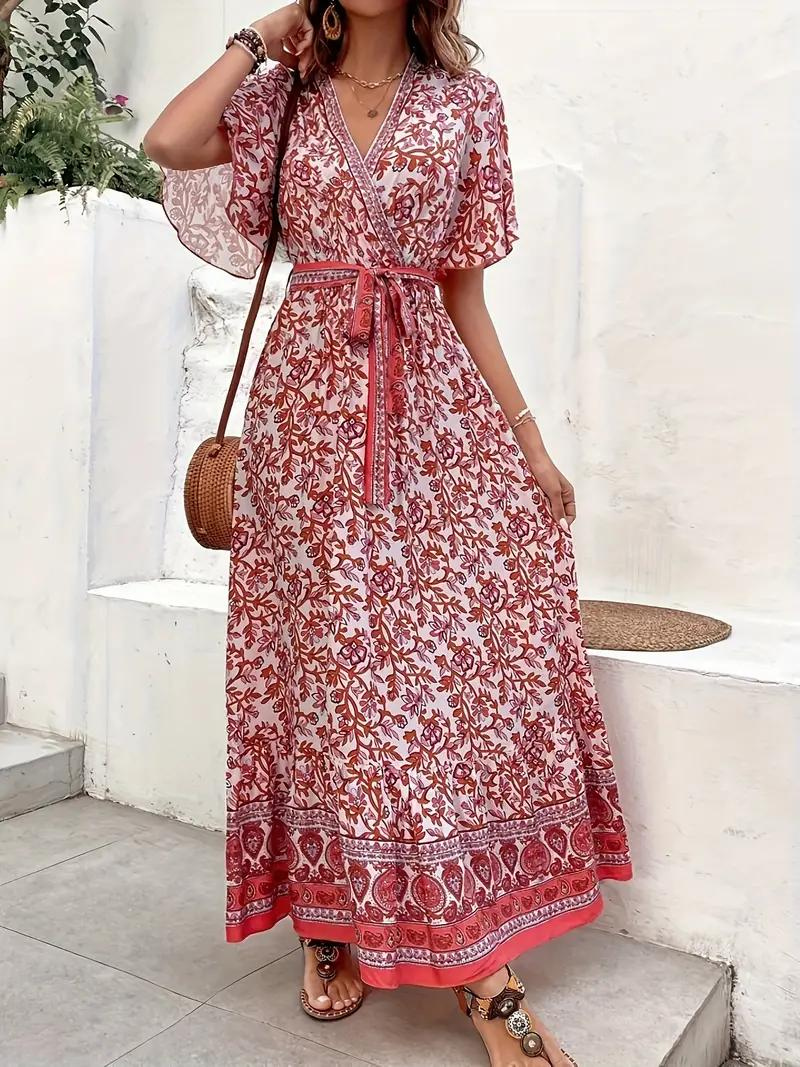 Maxi Vestido Floral Escote V Cintura Ajustable Diseño Fluido Mangas Cortas Estilo Bohemio Verano-82359-7a21cccf-a0fe-41b2-84ea-e3f917efa1fd
