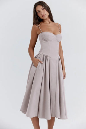 Vestido Midi para Mujer – Tirantes Finos, Corpiño Estructurado, Falda Plisada, con Bolsillos-83506-7a50ceae-9c21-443c-acd1-e1803534006f