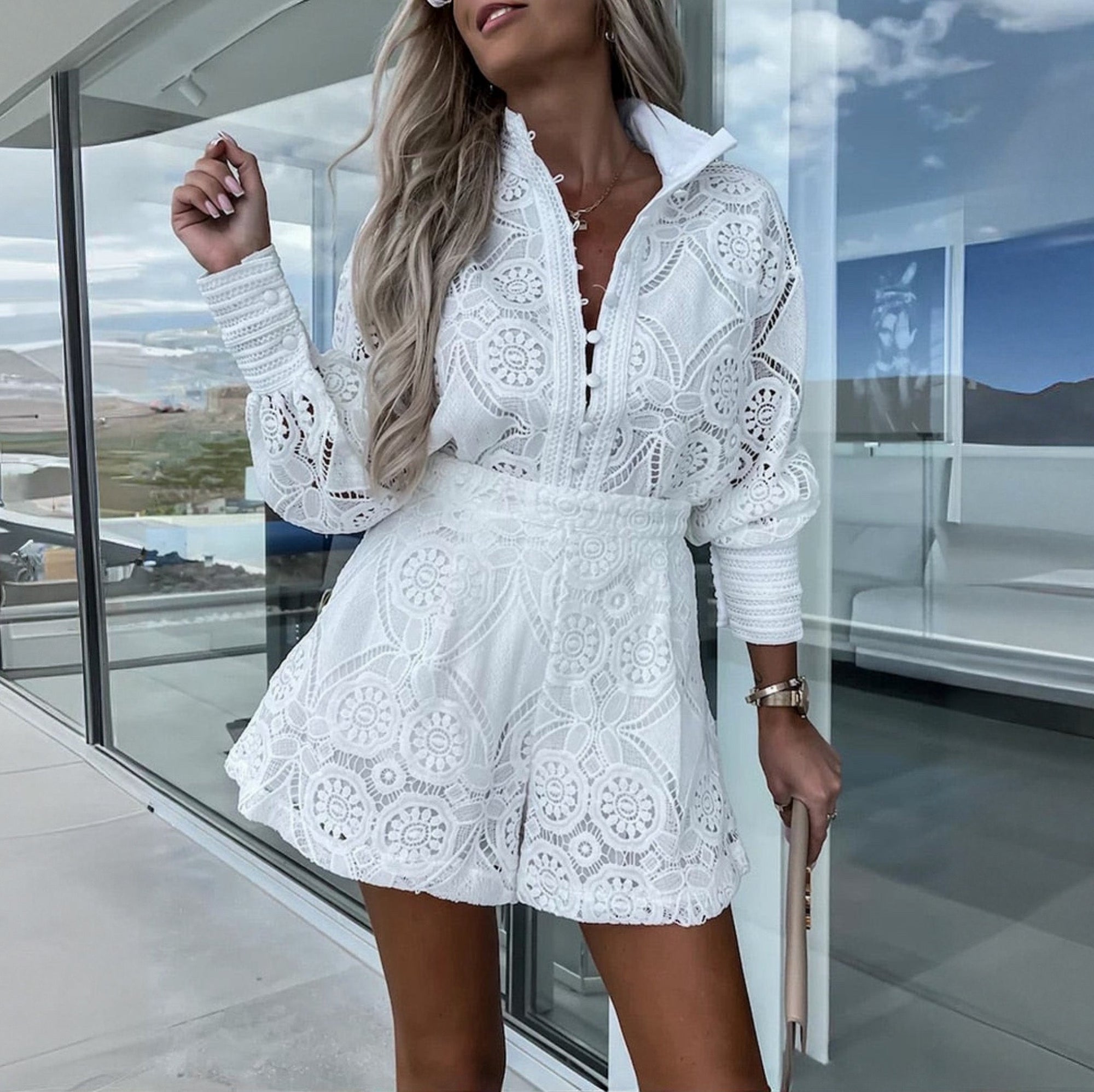 Vestido de Encaje Mujer, Abotonado Manga Larga, con Shorts, Vela Official-83324-7c51247a-b64a-4720-b8f0-b7bd5a61928f