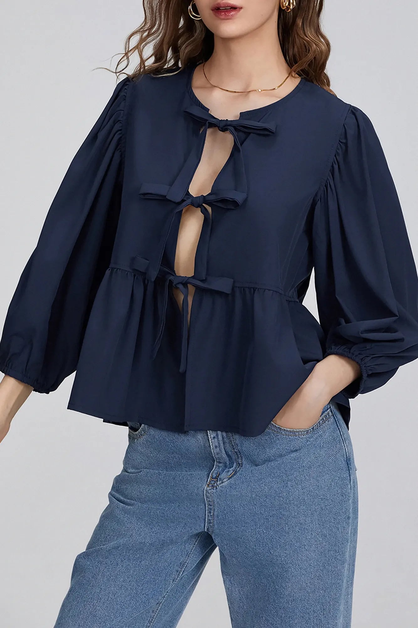 Vela Official Blusa Peplum para Mujer – Lazo Decorativo, Manga 3/4, Varios Colores-83302-7d4e6c03-11c0-4ec6-93fd-1b768035917f