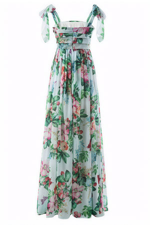 Vestido Floral Largo con Detalle de Lazo
