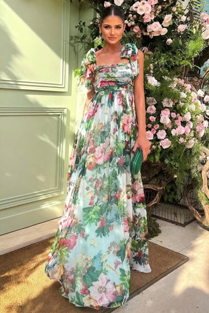 Vestido Floral Largo con Detalle de Lazo