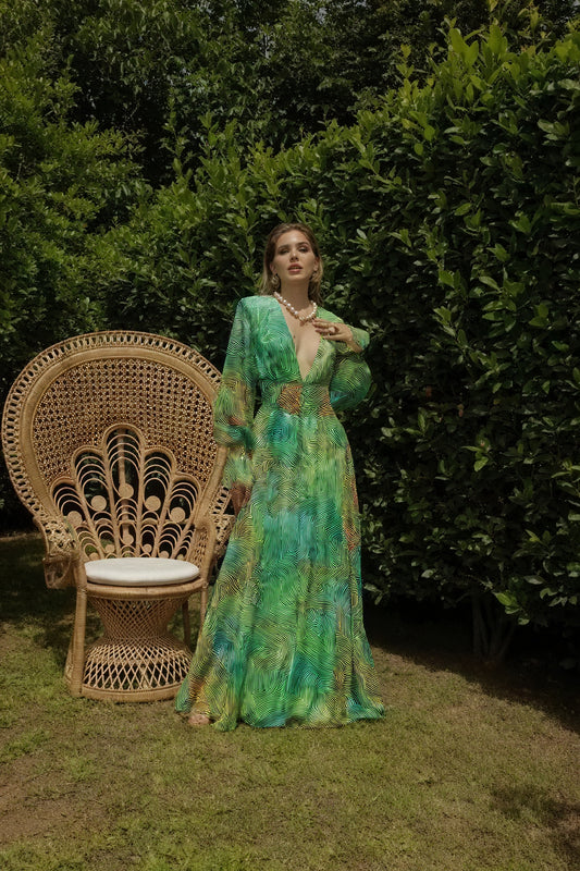 Vestido Maxi Estampado Abstracto con Abertura