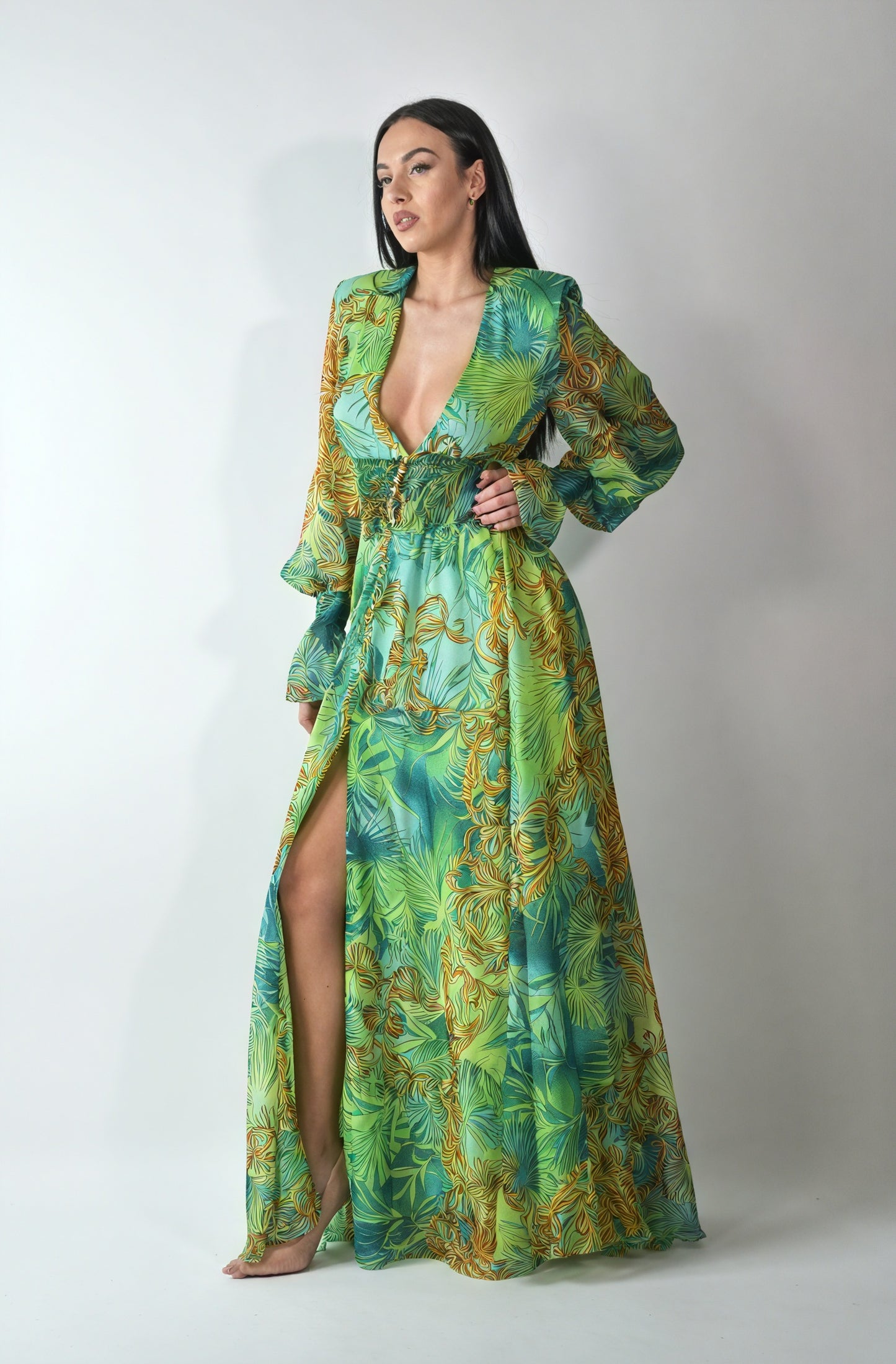 Vestido Maxi Estampado Abstracto con Abertura