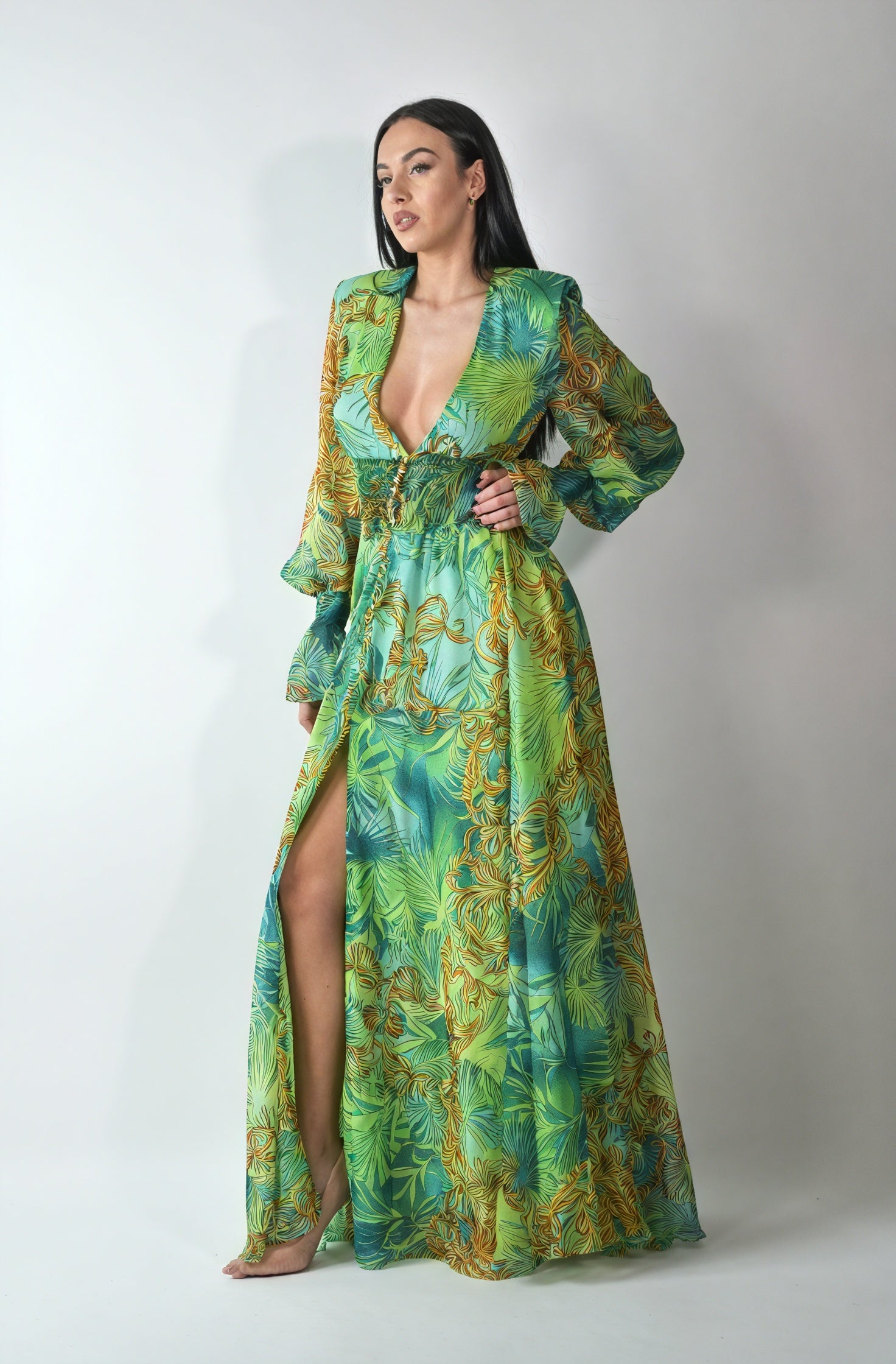 Vestido Maxi Estampado Abstracto con Abertura