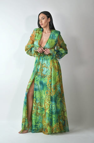 Vestido Maxi Estampado Abstracto con Abertura
