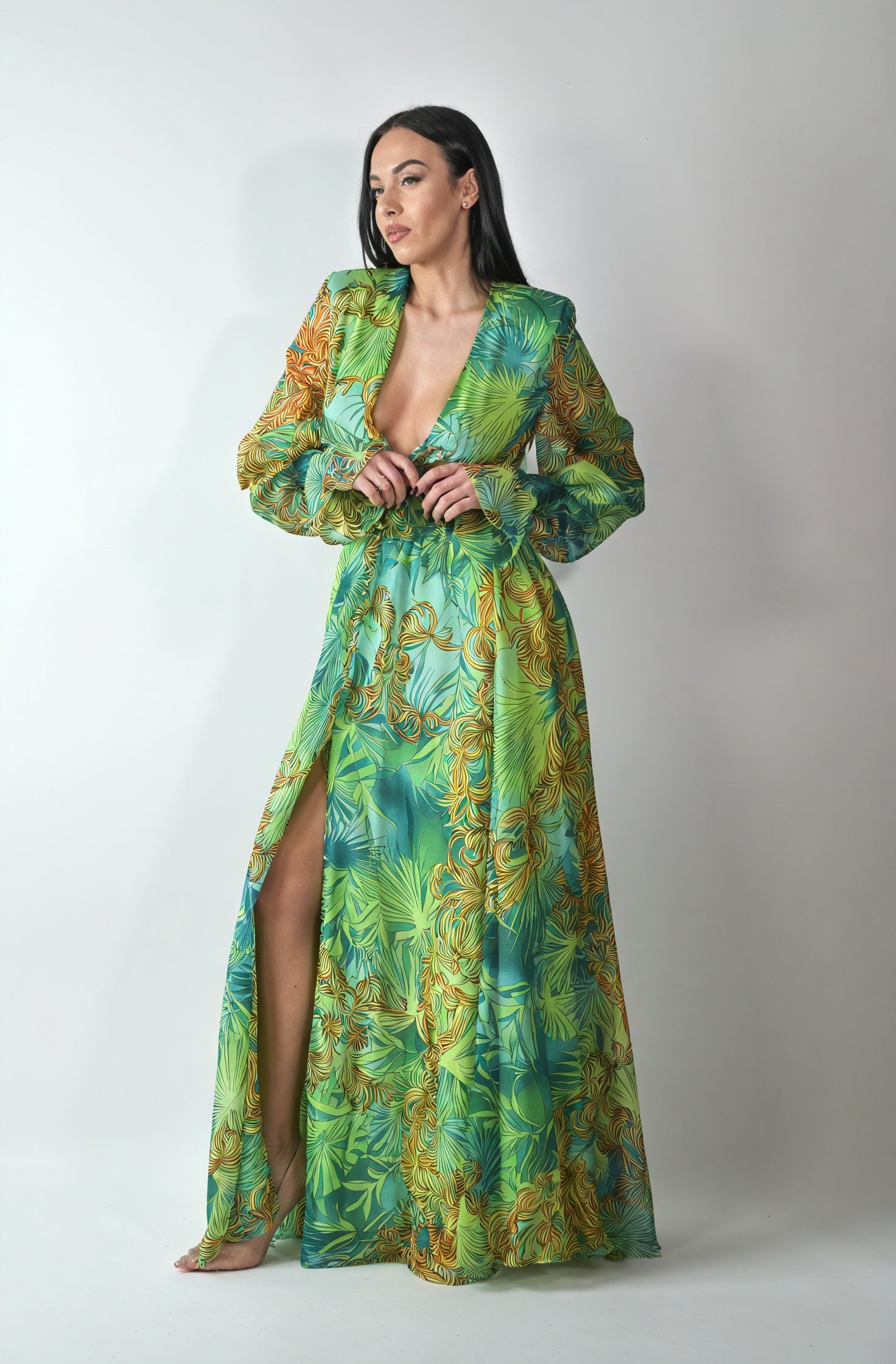 Vestido Maxi Estampado Abstracto con Abertura