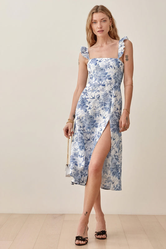 Vestido Midi Floral con Abertura y Volantes