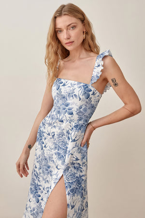 Vestido Midi Floral con Abertura y Volantes
