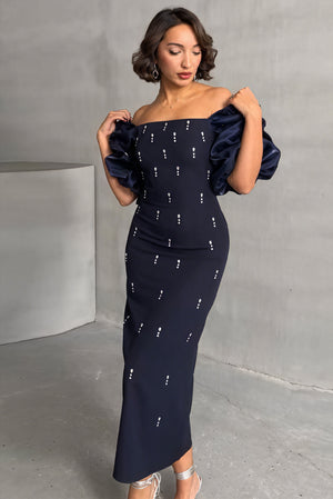 Vestido Midi con Mangas Abullonadas y Detalles