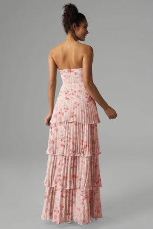 Vestido Floral Strapless con Falda Escalada