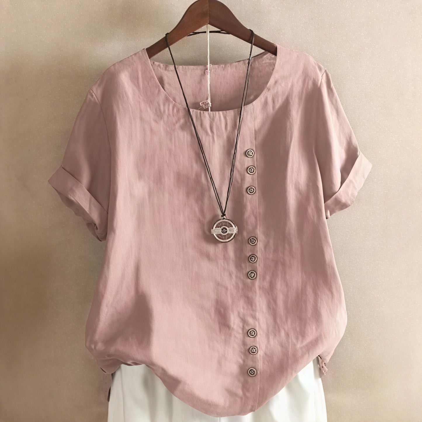 Vela Official Women's Short-Sleeved Top – Asymmetrical Button Design, Round Neckline-81165-73c07eb9-5438-45c0-bfce-40d5998271dc