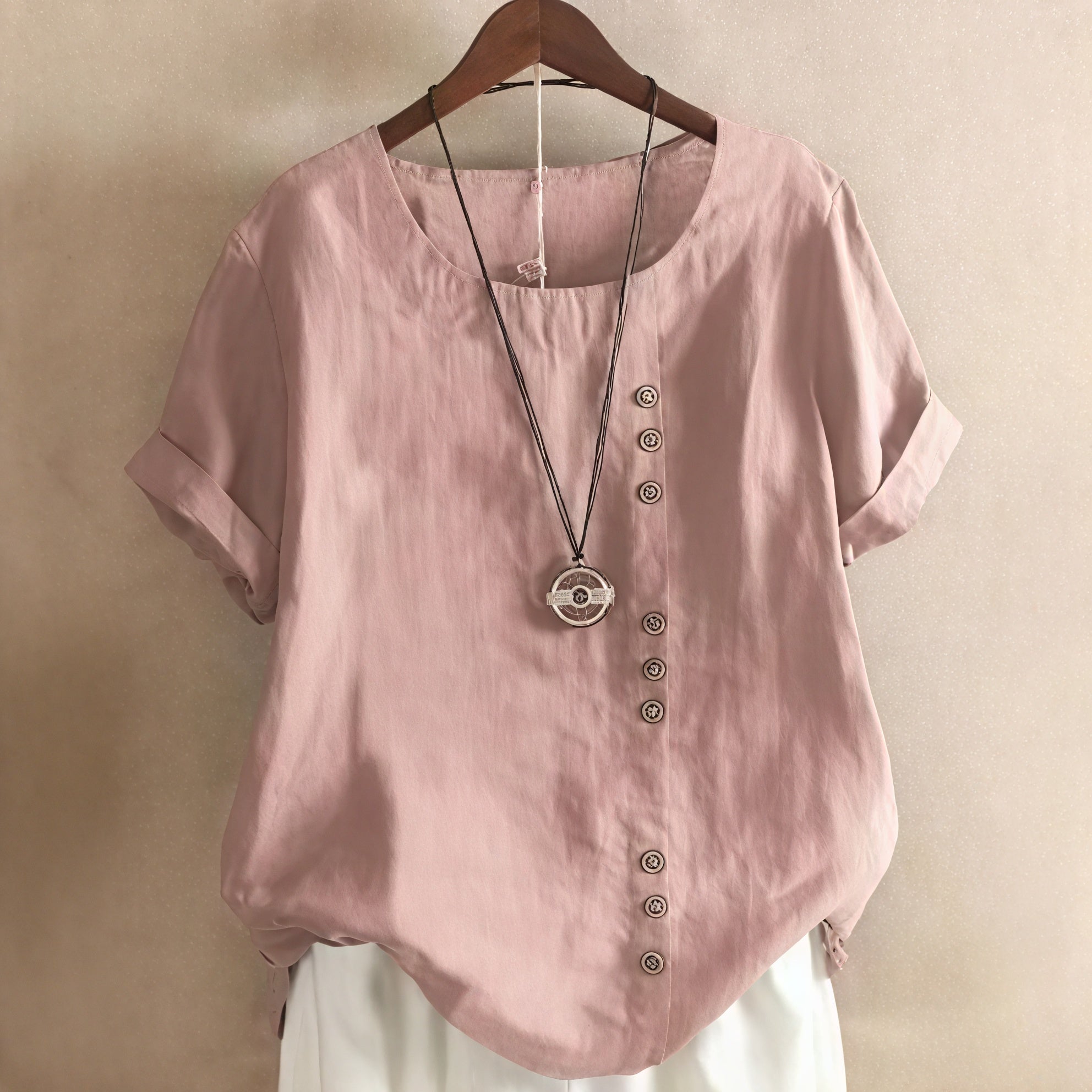 Vela Official Women's Short-Sleeved Top – Asymmetrical Button Design, Round Neckline-81165-73c07eb9-5438-45c0-bfce-40d5998271dc