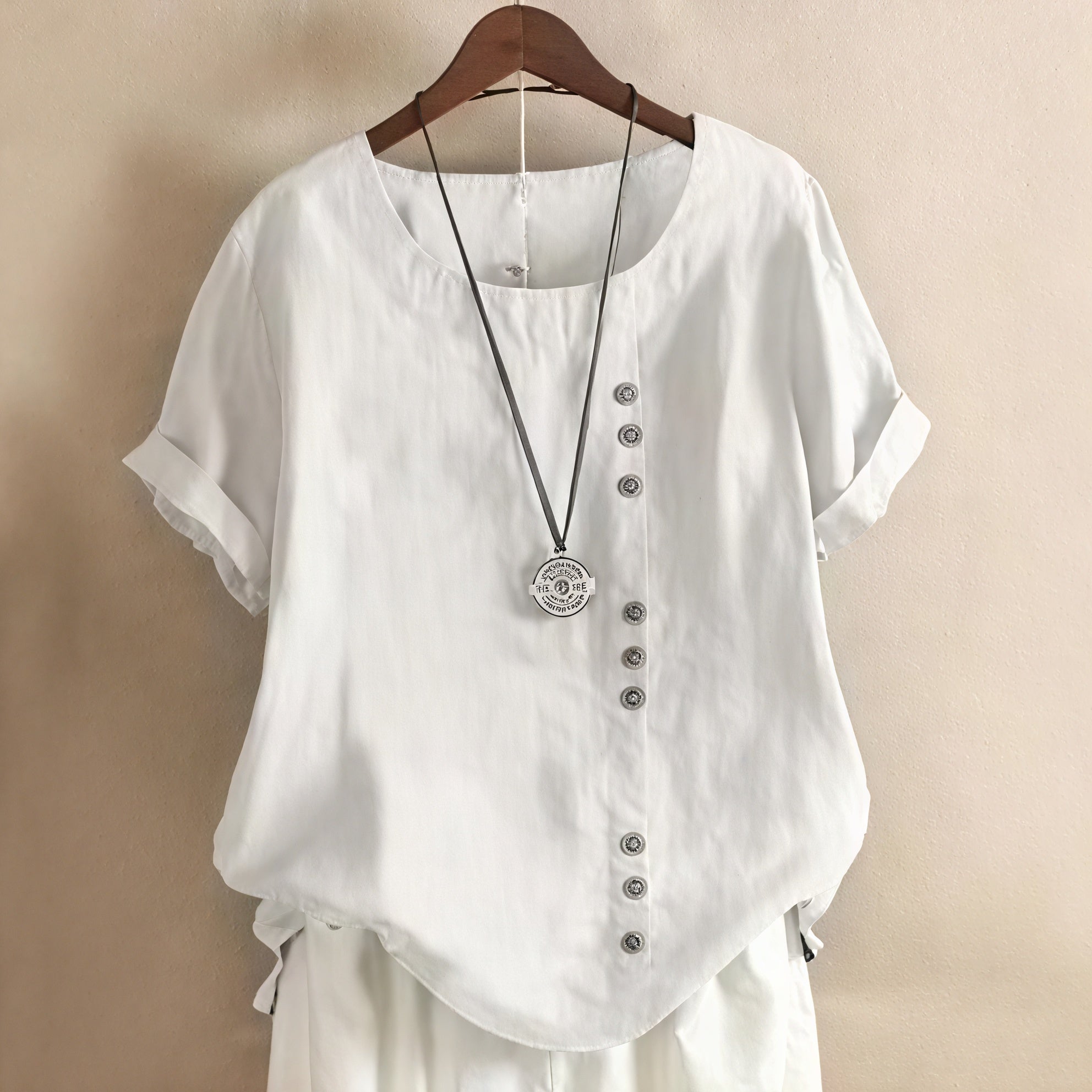 Vela Official Women's Short-Sleeved Top – Asymmetrical Button Design, Round Neckline-81165-46ccf732-b7b5-4ee1-b452-2ff27b44f68d