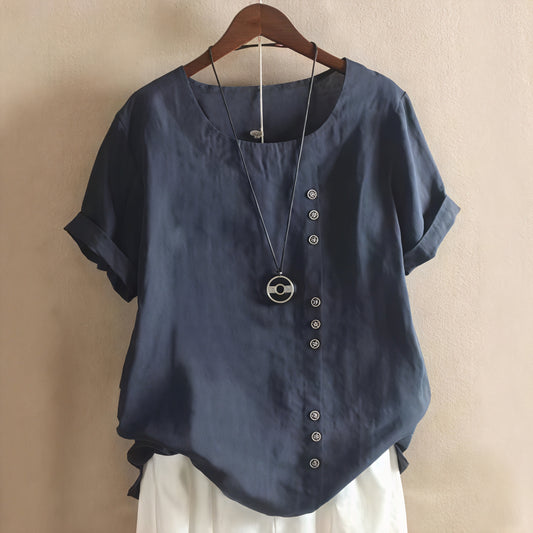 Vela Official Women's Short-Sleeved Top – Asymmetrical Button Design, Round Neckline-81165-25ebbfa2-2d23-4226-9038-ffad1819ceb0