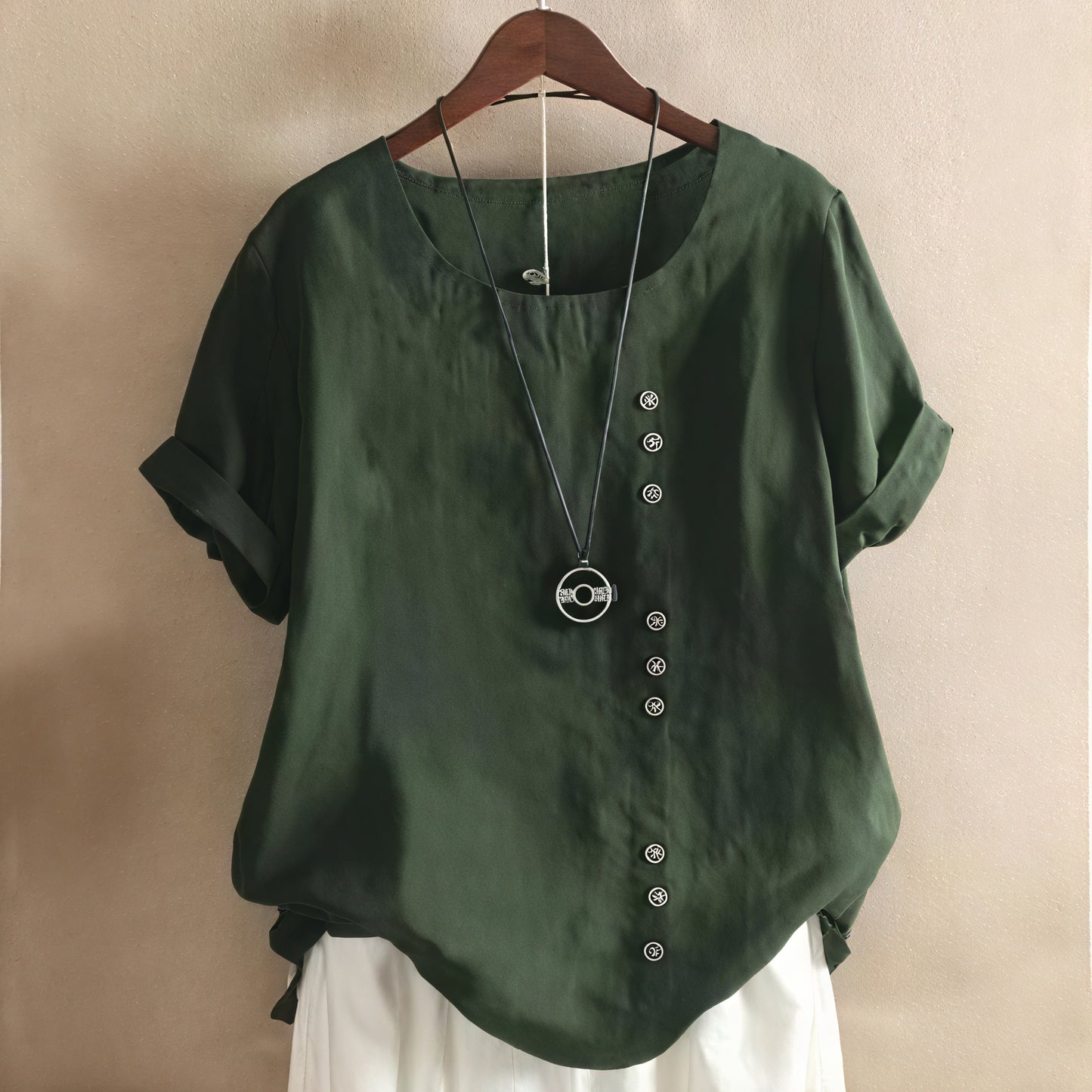 Vela Official Women's Short-Sleeved Top – Asymmetrical Button Design, Round Neckline-81165-4e696064-bc1c-4c30-b730-72479834bd14