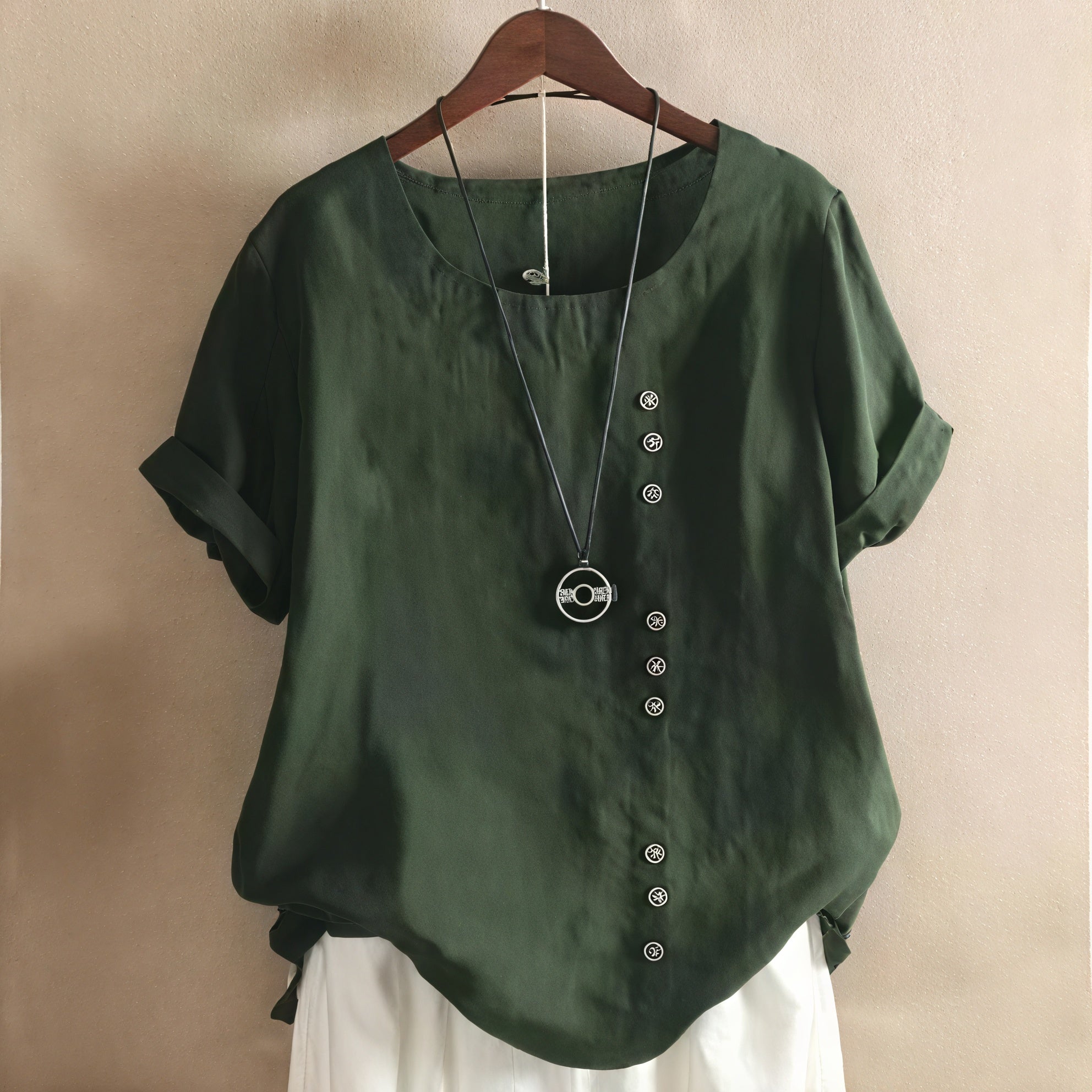 Vela Official Women's Short-Sleeved Top – Asymmetrical Button Design, Round Neckline-81165-4e696064-bc1c-4c30-b730-72479834bd14