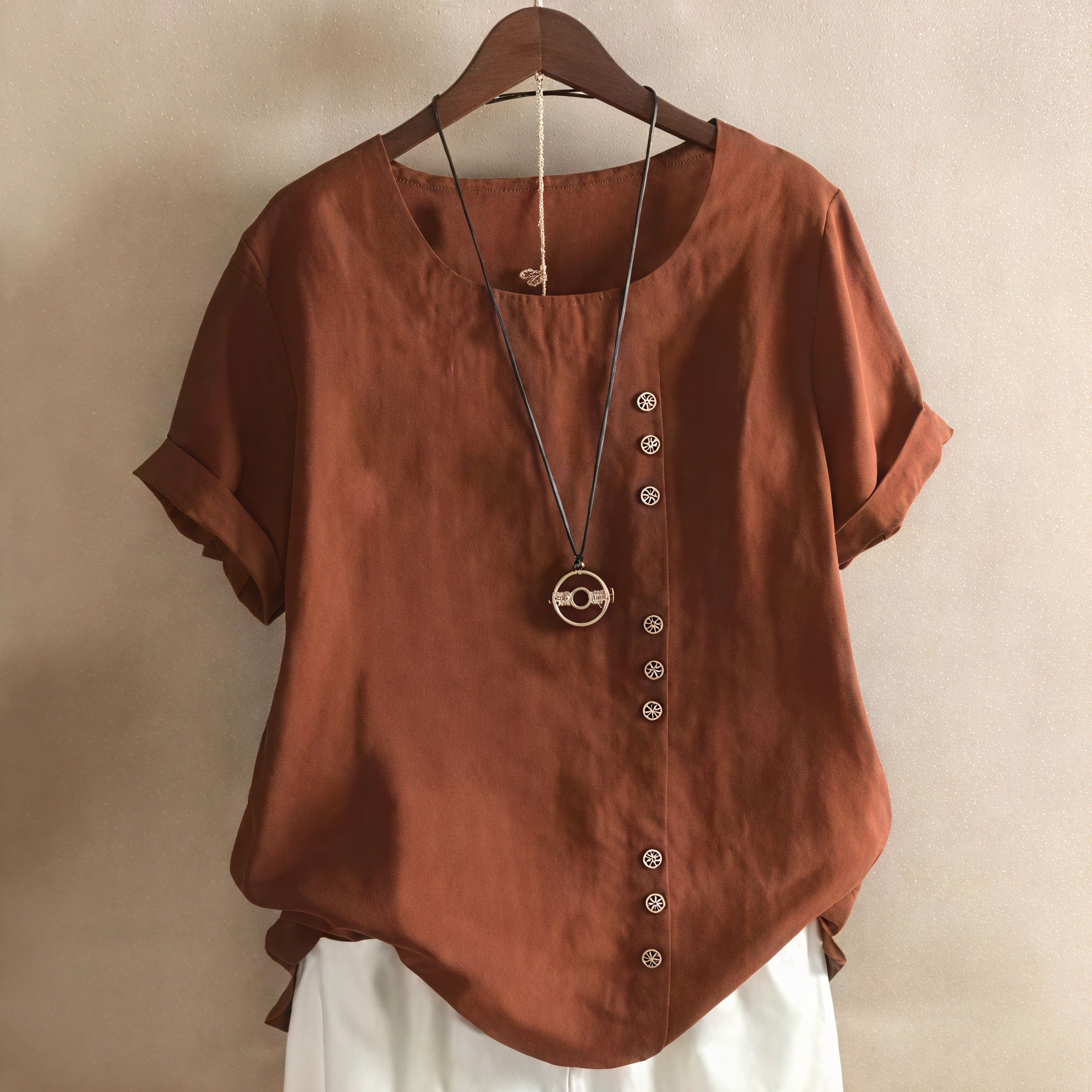 Vela Official Women's Short-Sleeved Top – Asymmetrical Button Design, Round Neckline-81165-8c6aab03-9c6a-4439-ae4b-93736ec0b35f