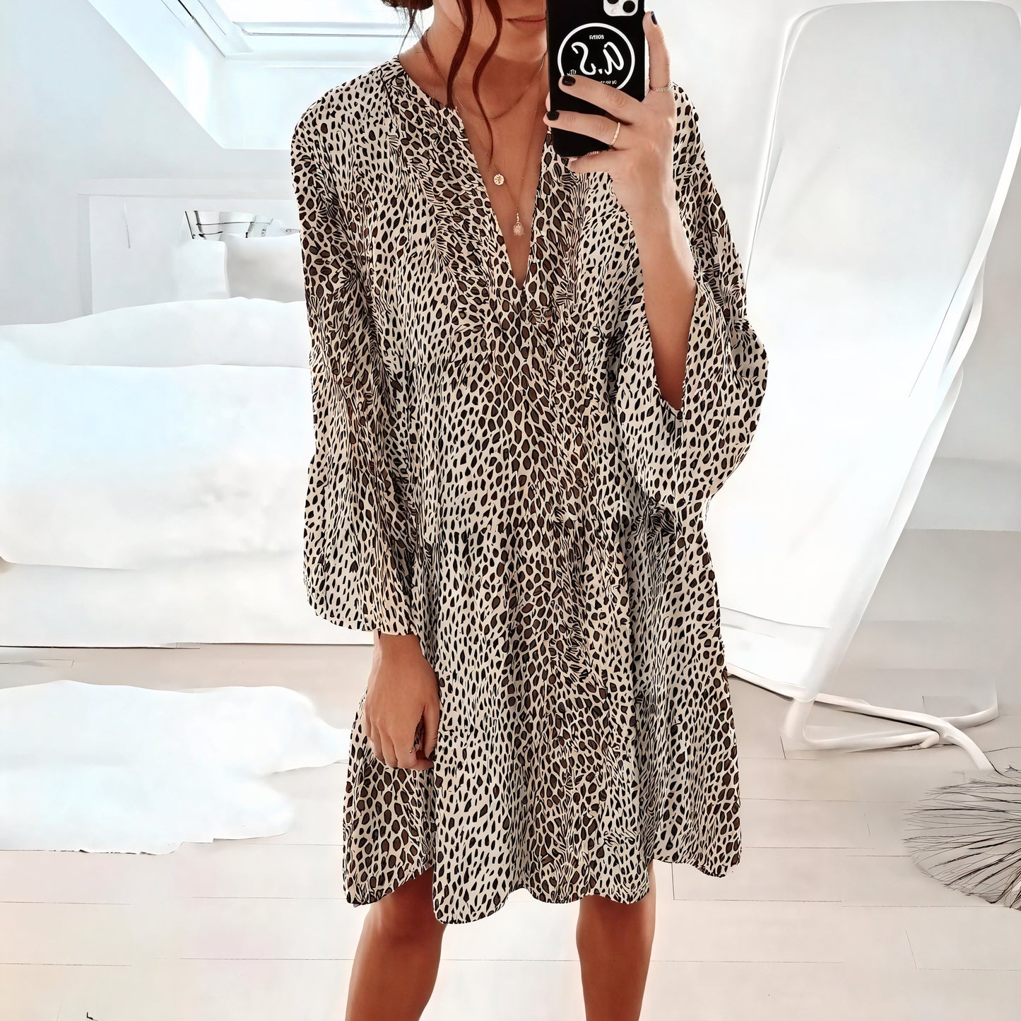 Vestido Mini Fluido con Escote V y Manga Larga, Estampado Animal Versátil para Día y Noche-81612-e27c4f24-9134-45fd-984c-3f7f853326b8