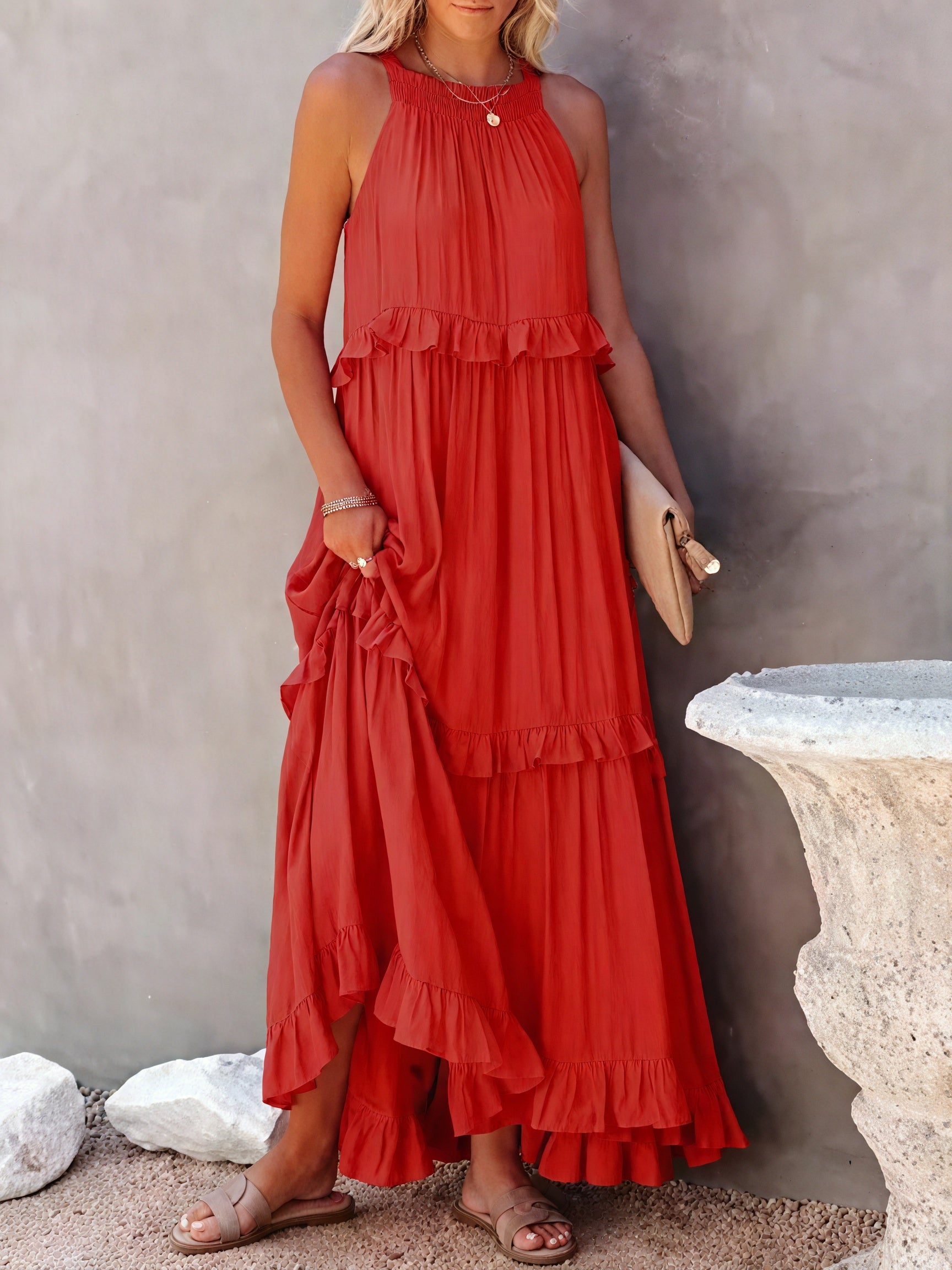 Vestido Maxi Halter con Volantes, Diseño Fluido y Tejido Ligero para Verano Casual y Elegancia Despreocupada-81649-826e933d-4722-4c66-bf3e-b25b277c5731