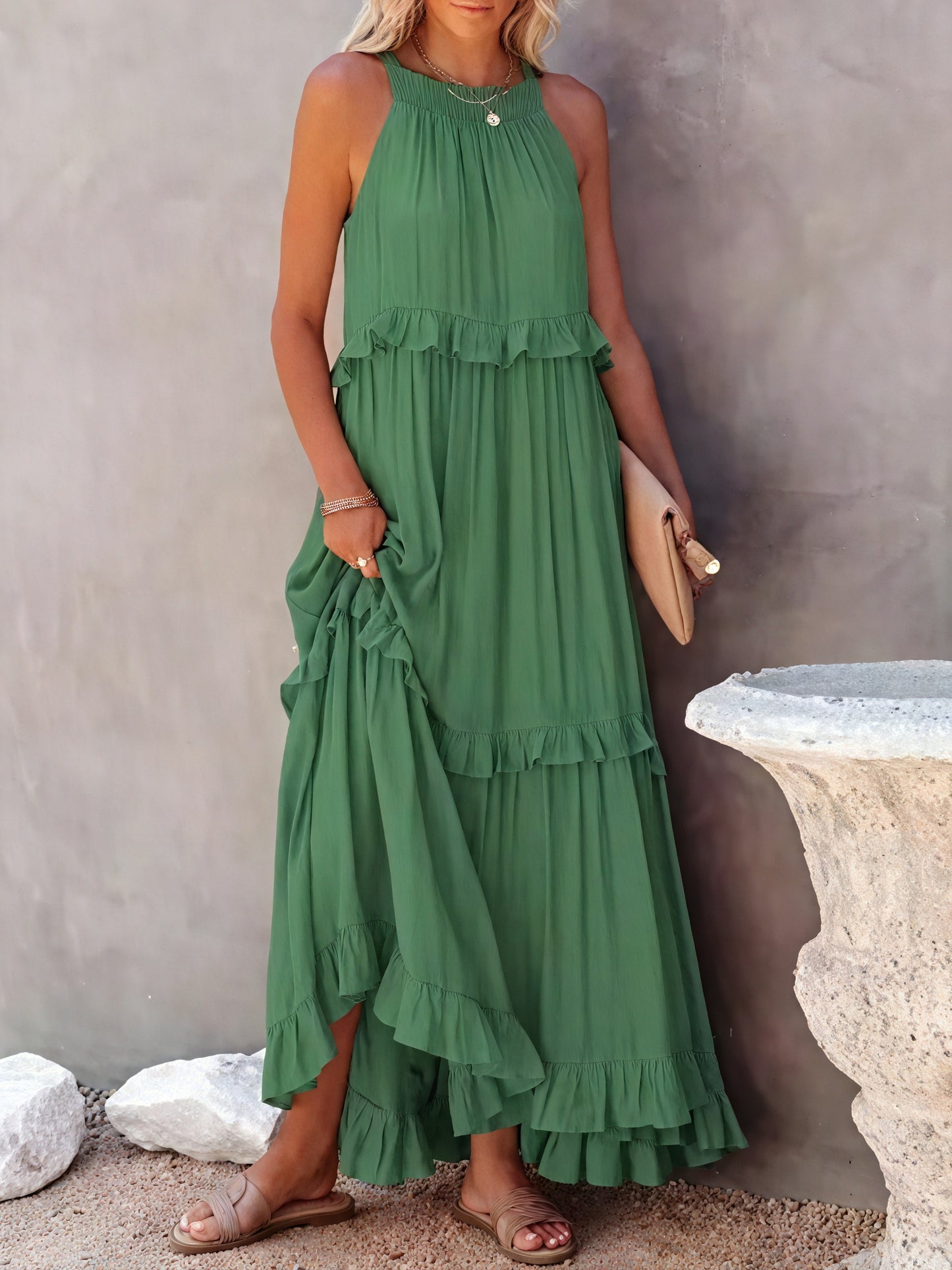 Vestido Maxi Halter con Volantes, Diseño Fluido y Tejido Ligero para Verano Casual y Elegancia Despreocupada-81649-46db419d-4ec6-423a-afb5-bad208a3c7b7