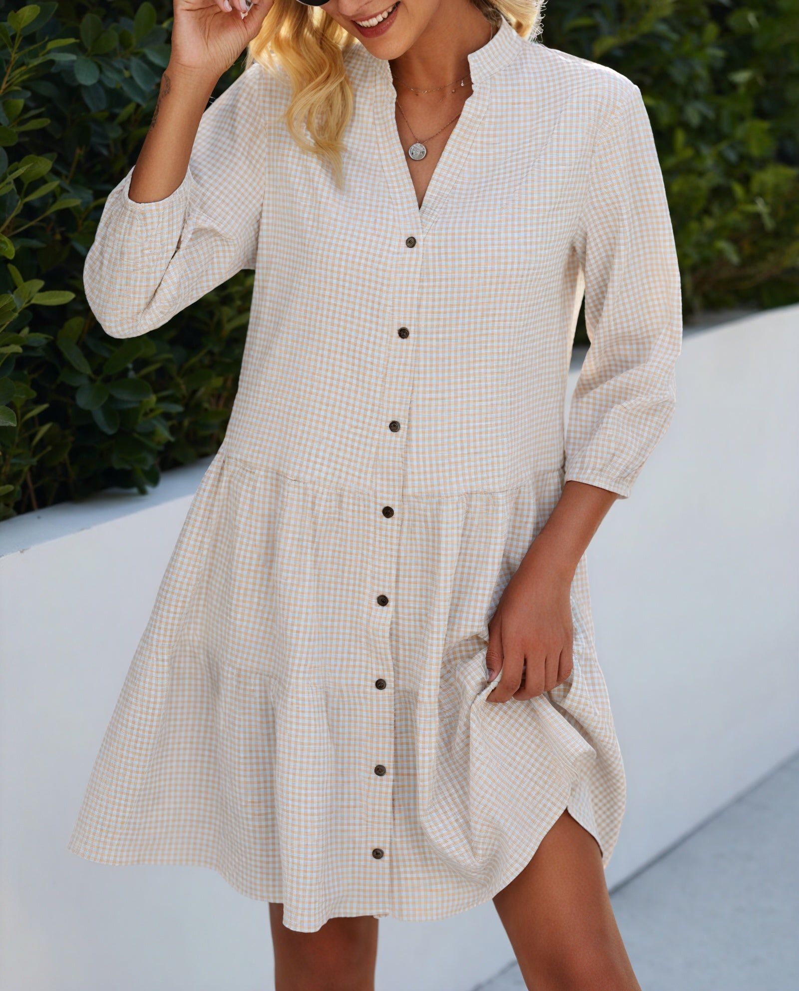 Vestido Gingham Abotonado Falda Escalonada Mangas Tres Cuartos Estilo Clásico Versátil-81722-661f4233-016d-4188-b976-0fc095d3d97b