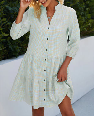 Vestido Gingham Abotonado Falda Escalonada Mangas Tres Cuartos Estilo Clásico Versátil-81722-89f4bcd1-ddff-4503-b1e0-d1ec3b961276