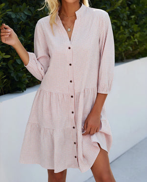 Vestido Gingham Abotonado Falda Escalonada Mangas Tres Cuartos Estilo Clásico Versátil-81722-746ff4dd-290d-49b7-88c0-526f9b546f02