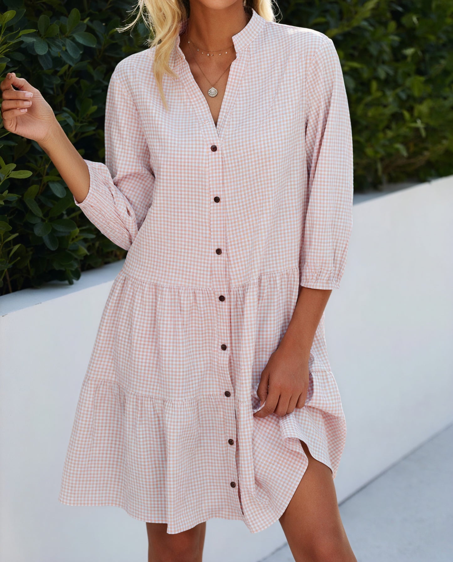 Vestido Gingham Abotonado Falda Escalonada Mangas Tres Cuartos Estilo Clásico Versátil-81722-746ff4dd-290d-49b7-88c0-526f9b546f02