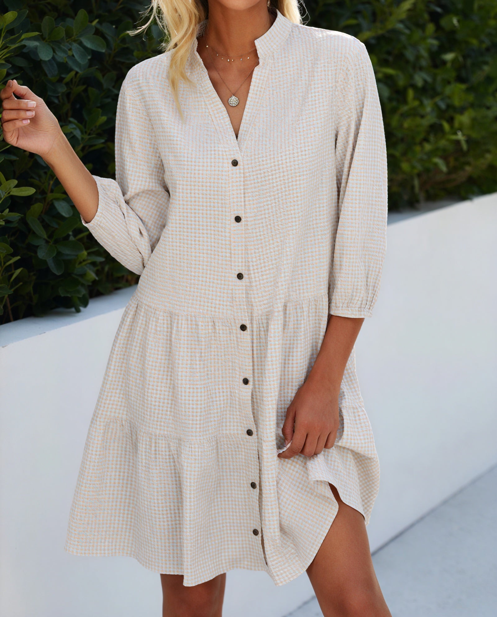Vestido Gingham Abotonado Falda Escalonada Mangas Tres Cuartos Estilo Clásico Versátil-81722-88180188-645b-4a4a-9b4b-e15e03d65945