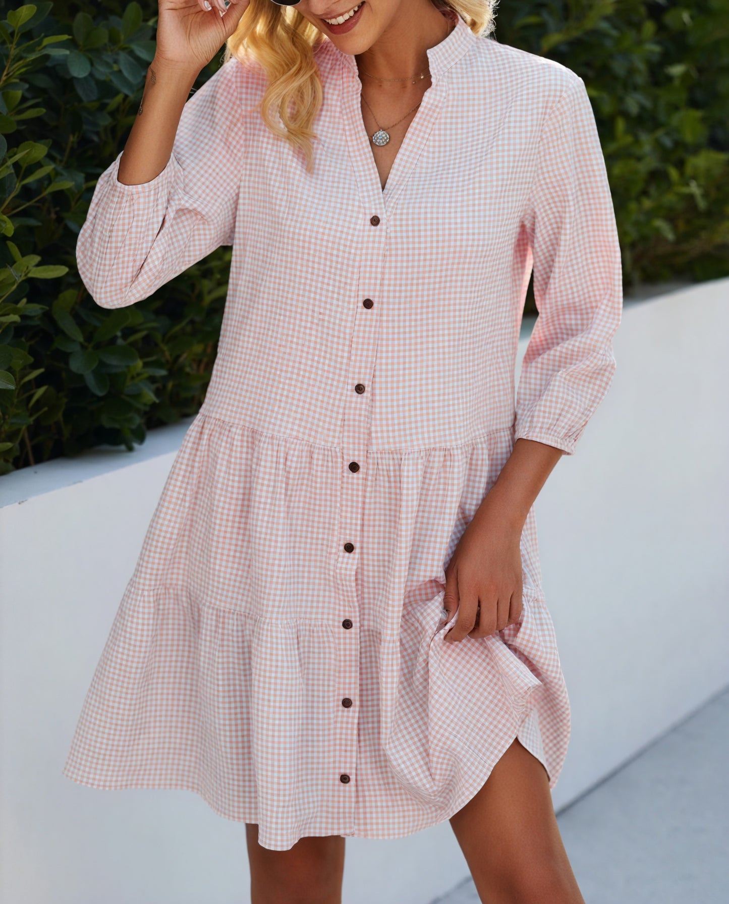 Vestido Gingham Abotonado Falda Escalonada Mangas Tres Cuartos Estilo Clásico Versátil-81722-d338c8e3-5ae4-496a-a079-c7b198efa29f