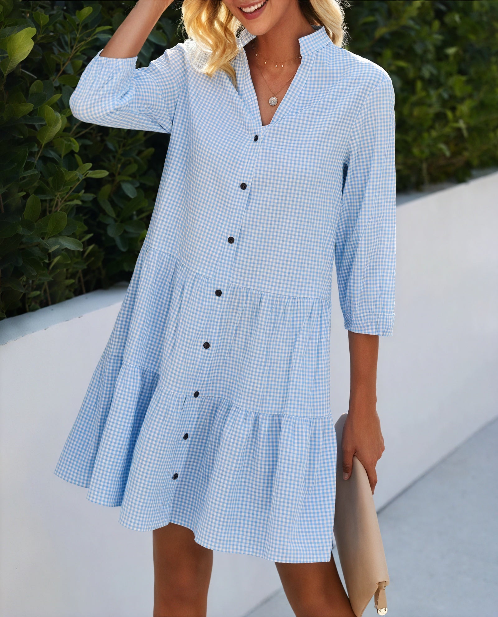 Vestido Gingham Abotonado Falda Escalonada Mangas Tres Cuartos Estilo Clásico Versátil-81722-65524a53-a13a-40a8-b85b-263e1953edd2