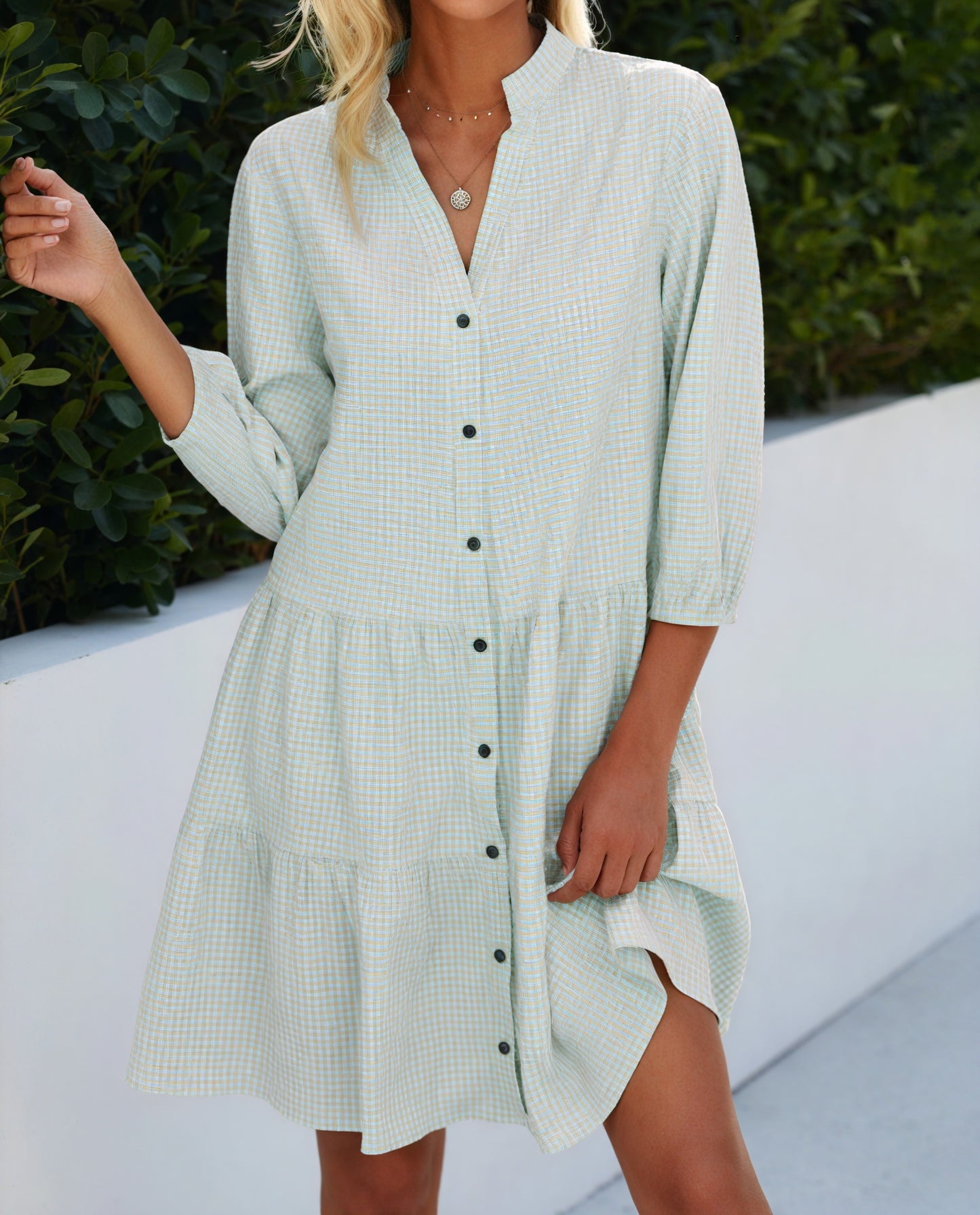 Vestido Gingham Abotonado Falda Escalonada Mangas Tres Cuartos Estilo Clásico Versátil-81722-c6b69fdd-d066-40ac-92f2-43ad8d7b4323