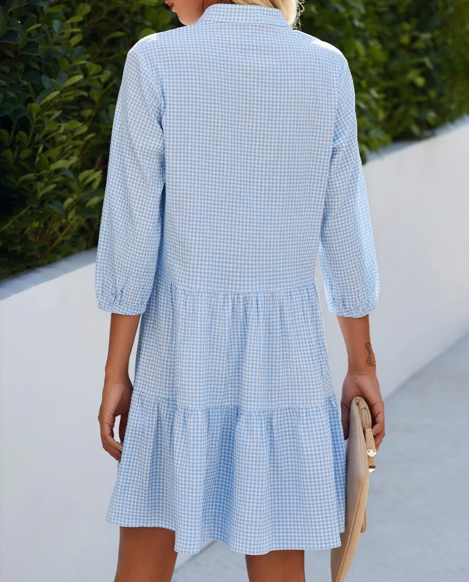 Vestido Gingham Abotonado Falda Escalonada Mangas Tres Cuartos Estilo Clásico Versátil-81722-08b65a98-2e90-415c-9d1f-2c0306aa6a2d