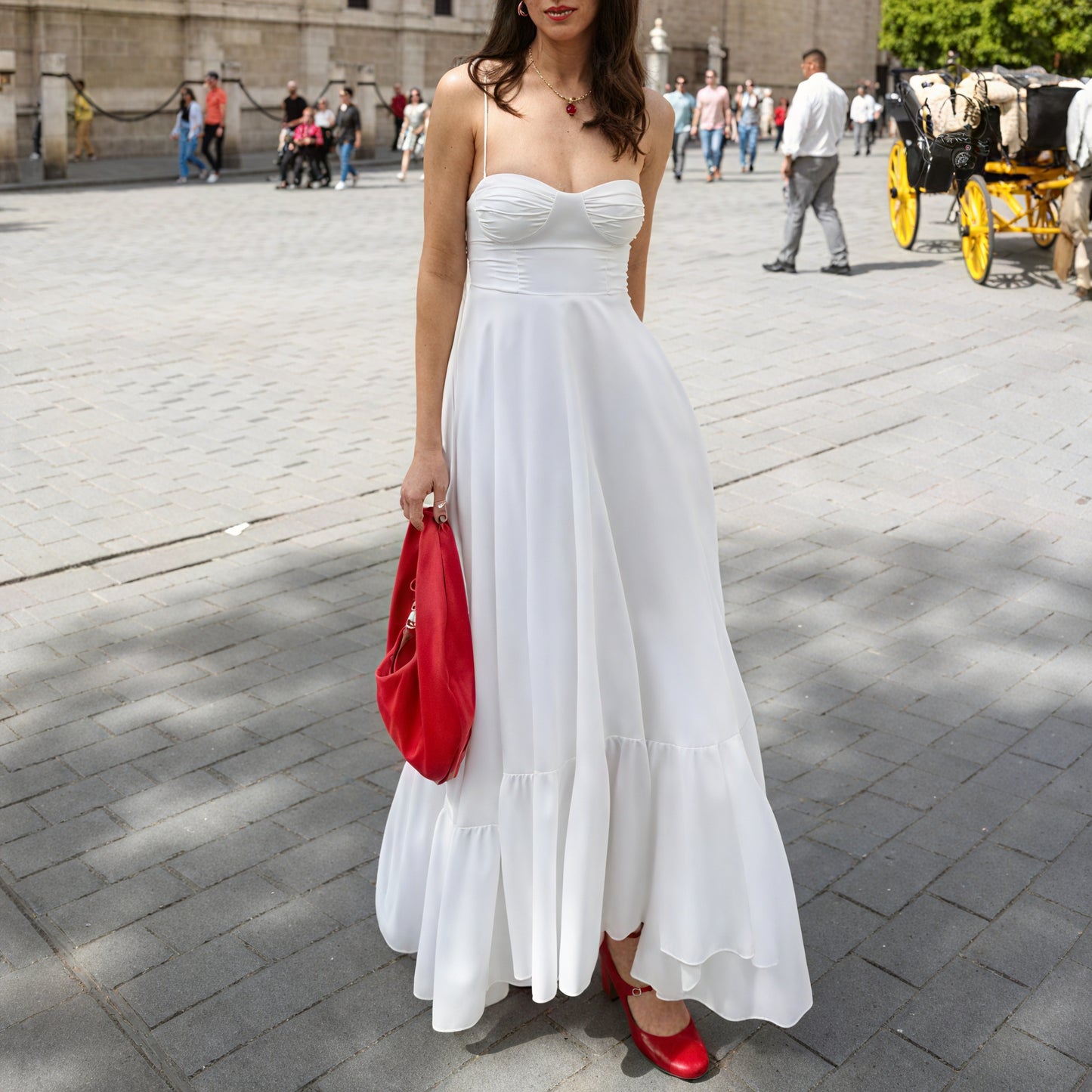 Vela Official Vestido Blanco de Mujer – Estilo Bustier, Falda Escalonada, Tirantes Finos-81821-3565ee3e-189c-471e-a1d1-de0748886da8