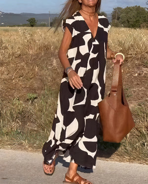 Vestido Maxi Estampado Abstracto: Fluidez y Estilo