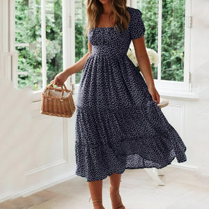 Vestido Midi con Estampado Romántico y Mangas Abullonadas