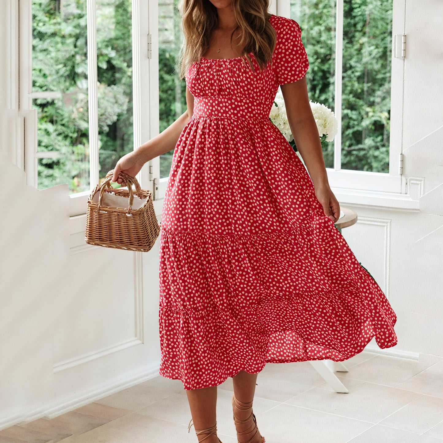 Vestido Midi con Estampado Romántico y Mangas Abullonadas
