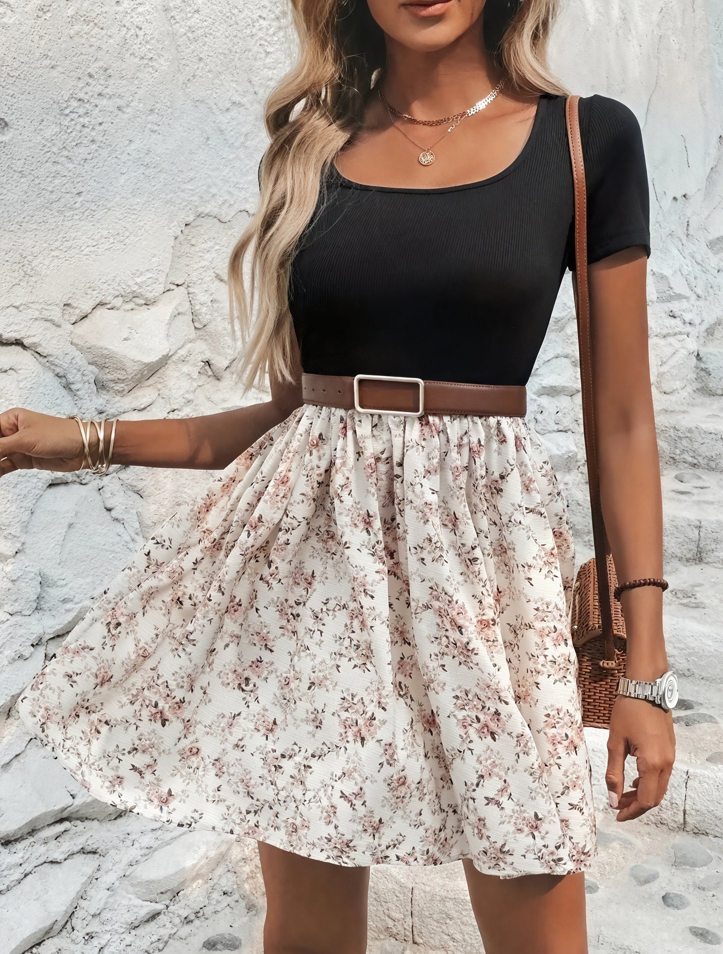 Vestido Efecto Dos Piezas con Escote Cuadrado y Falda Floral para Verano Casual y Femenino-82320-32642e98-dc01-4609-bc54-fecb3457304c