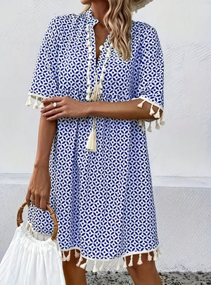 Women's Dress – Blue White Geometric Pattern, Tassel Detail, Short Sleeve-82531-dc123c0b-a995-4fee-9251-2bef717b12a1