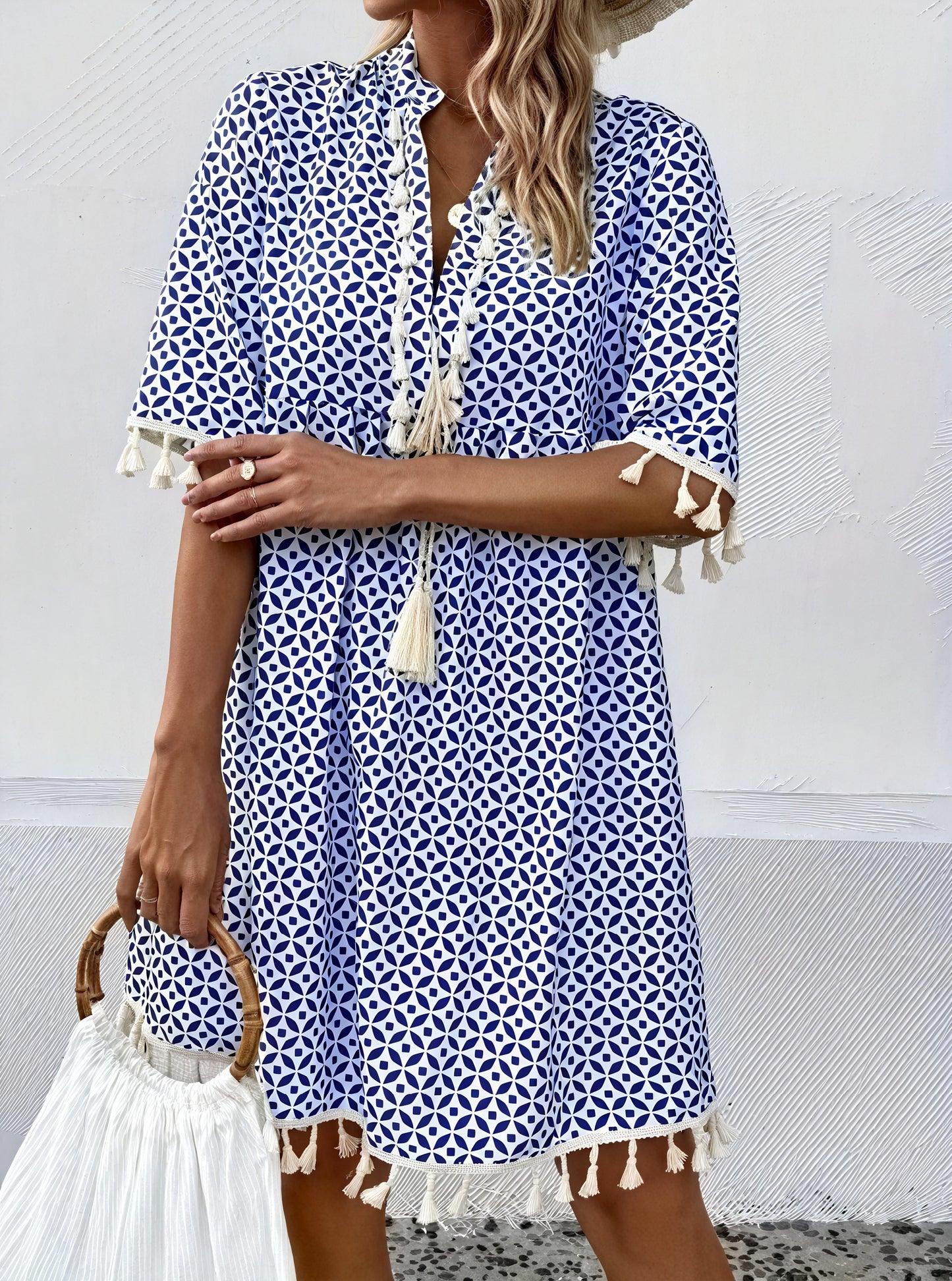 Women's Dress – Blue White Geometric Pattern, Tassel Detail, Short Sleeve-82531-dc123c0b-a995-4fee-9251-2bef717b12a1