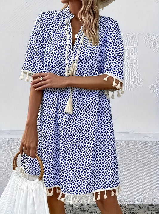 Women's Dress – Blue White Geometric Pattern, Tassel Detail, Short Sleeve-82531-dc123c0b-a995-4fee-9251-2bef717b12a1