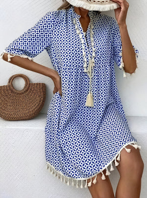 Women's Dress – Blue White Geometric Pattern, Tassel Detail, Short Sleeve-82531-9b2d16bb-890c-4664-806d-4f264a4f0b89
