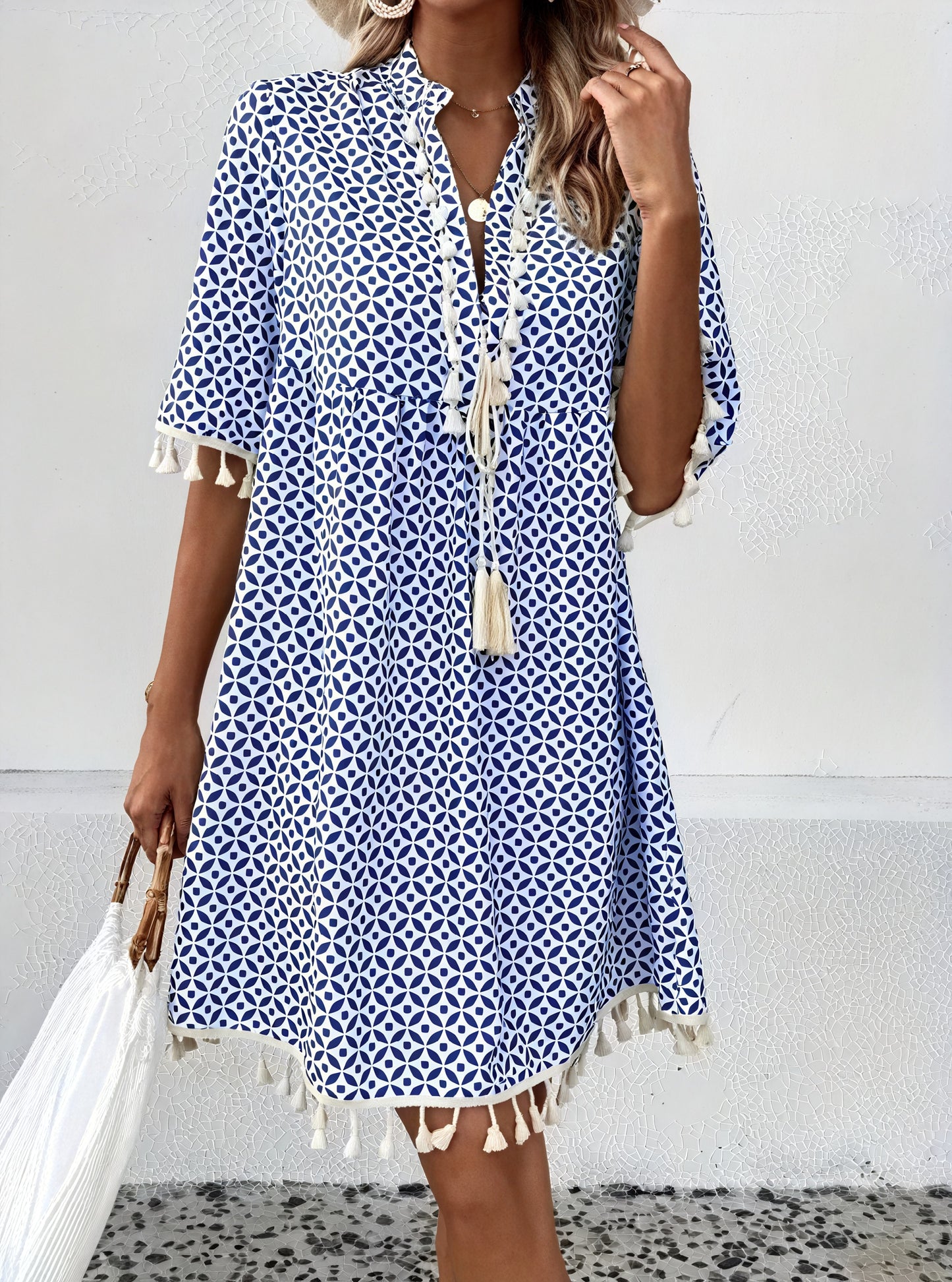 Women's Dress – Blue White Geometric Pattern, Tassel Detail, Short Sleeve-82531-e97fe2e4-a321-4231-aa45-9d7e2ae83ac1
