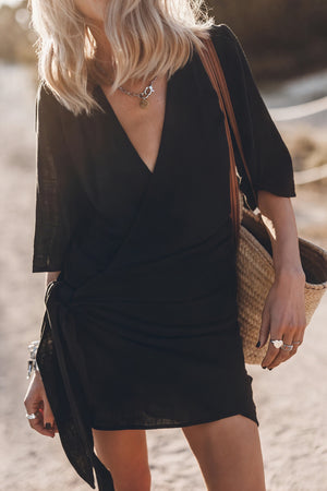 Vestido Cruzado Mujer – Negro, Escote V, Mangas Kimono, Lino, Estilo Bohemio Chic-82990-95dd2d91-abe6-4cc0-8324-a876844cf871