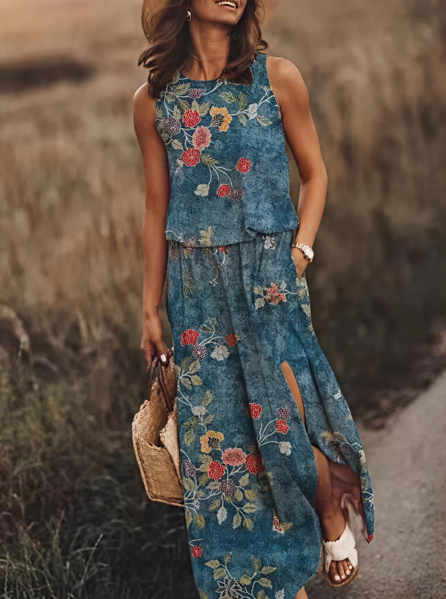 Vestido Maxi Sin Mangas con Abertura Lateral y Bolsillos | Estampado Único para Verano y Vacaciones-83214-54fef001-bb01-42b7-baa2-60f457a8ac16