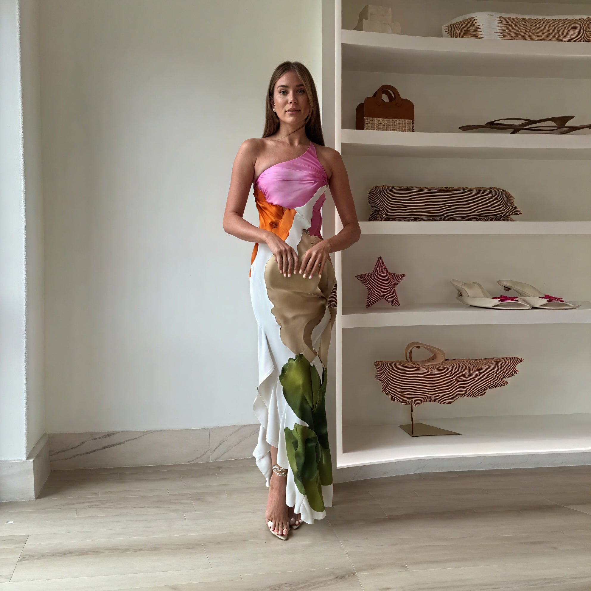 Vestido Maxi Mujer – Estampado Asimétrico, Hombro Único Halter, Elegante-83229-601f6e0b-4ec1-4c68-b0ba-7e08fc090395