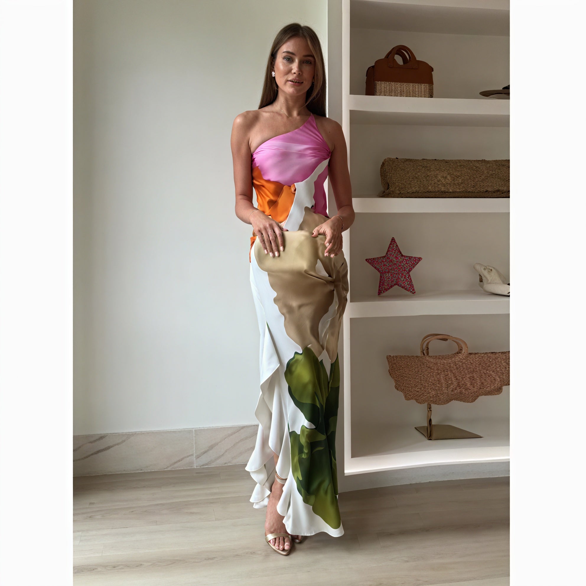 Vestido Maxi Mujer – Estampado Asimétrico, Hombro Único Halter, Elegante-83229-3fabbd06-022b-4225-94d2-9ac7537d0a42